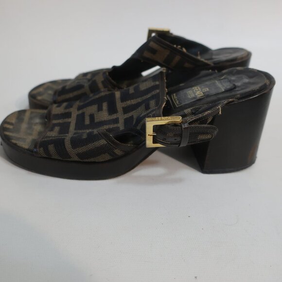 Authentic Fendi F Zucca Logo Graphic Brown Open Toe Chunky Block Heel Sandal 7 - Picture 4 of 16
